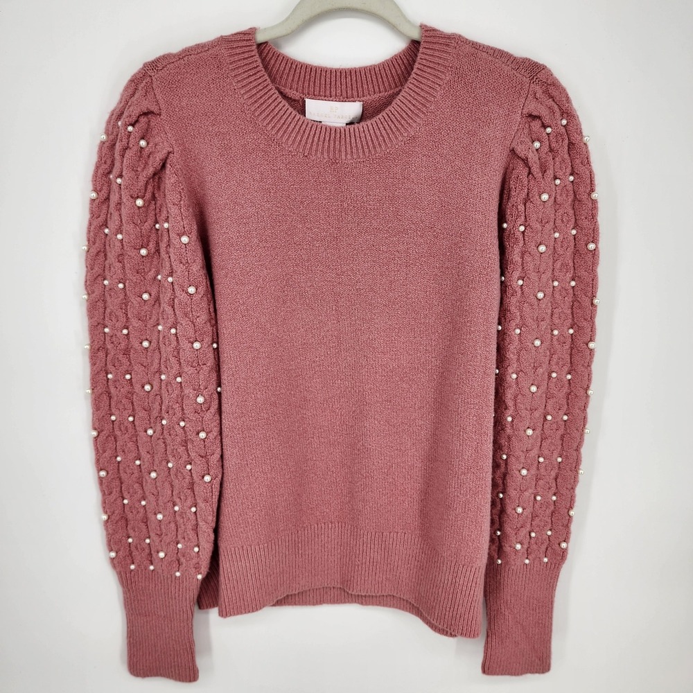 Rachel Parcell Pearl Embellished Cable Knit Sweater Women Large Pink Puff Sleeve